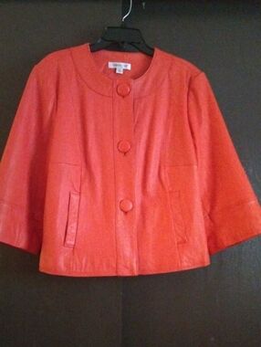 Women's Red Short Button Leather Jacket